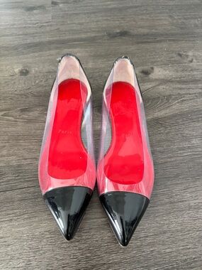 Christian Louboutin Clear Pointed Flats with Black Cap Toe and Red Insole